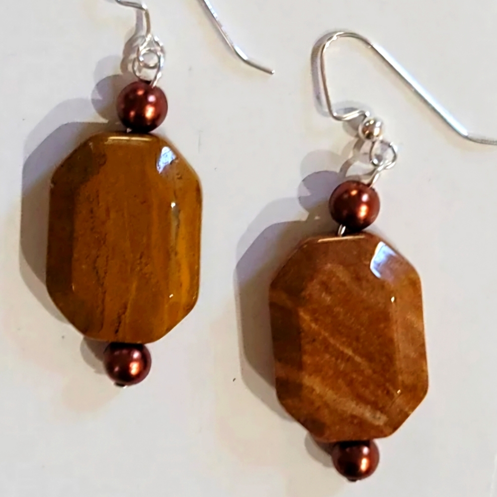 DESIGNER ORIGINAL TIGER EYE POLISHED BEAD LARGE ACCENT 925SILVER POST EARRINGS